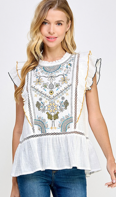 I'm Sorry Embroidered Ruffle Peplum Top