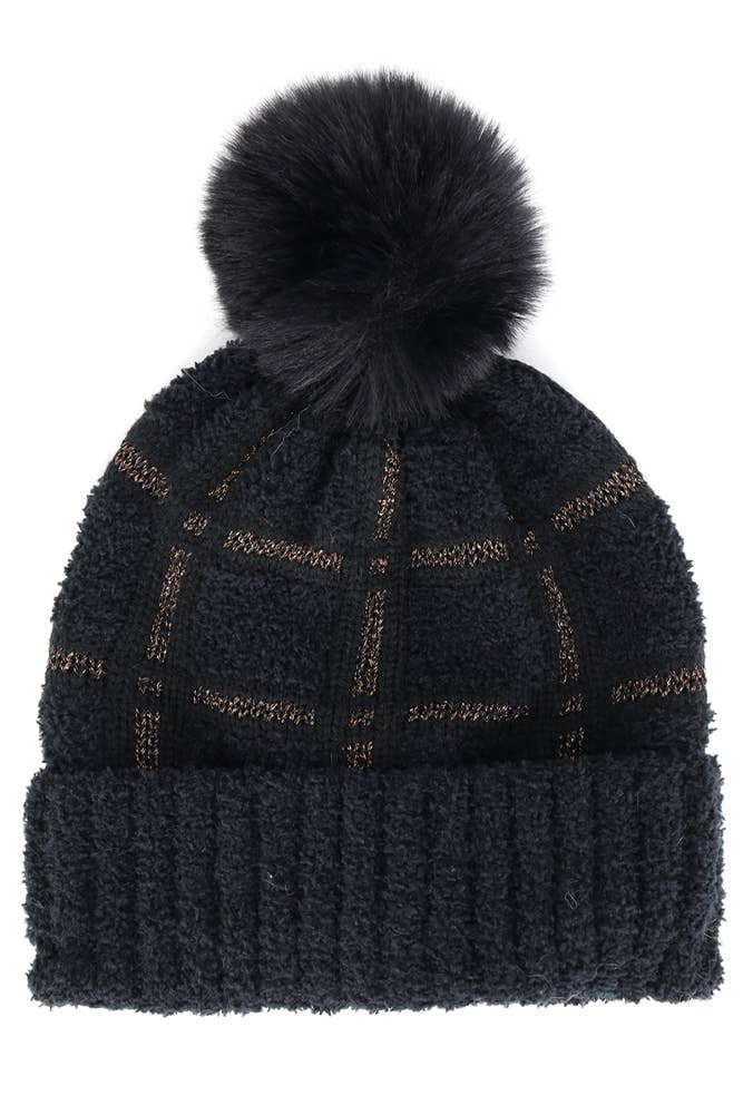 Plaid Pattern Pom Pom Beanie: Ivory