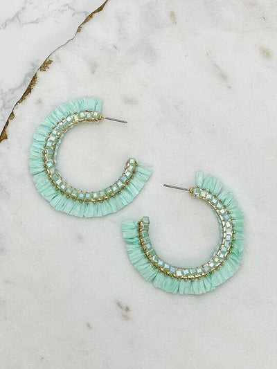 Beaded Raffia Hoop Earrings: White