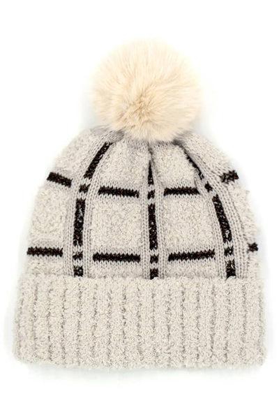 Plaid Pattern Pom Pom Beanie: Black