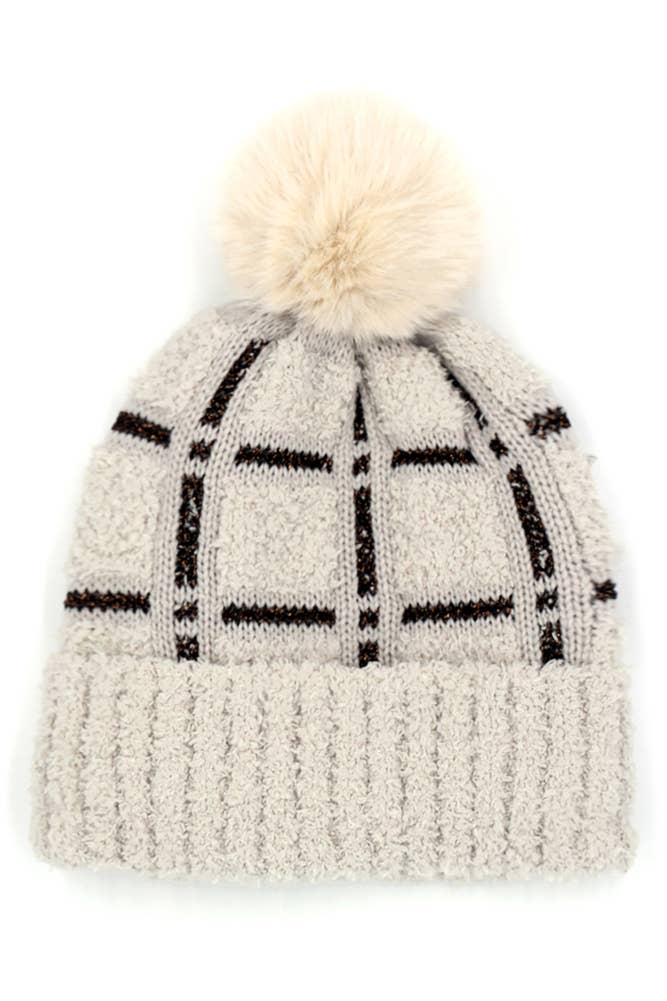 Plaid Pattern Pom Pom Beanie: Ivory