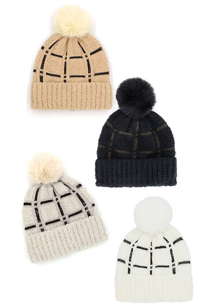 Plaid Pattern Pom Pom Beanie: Black