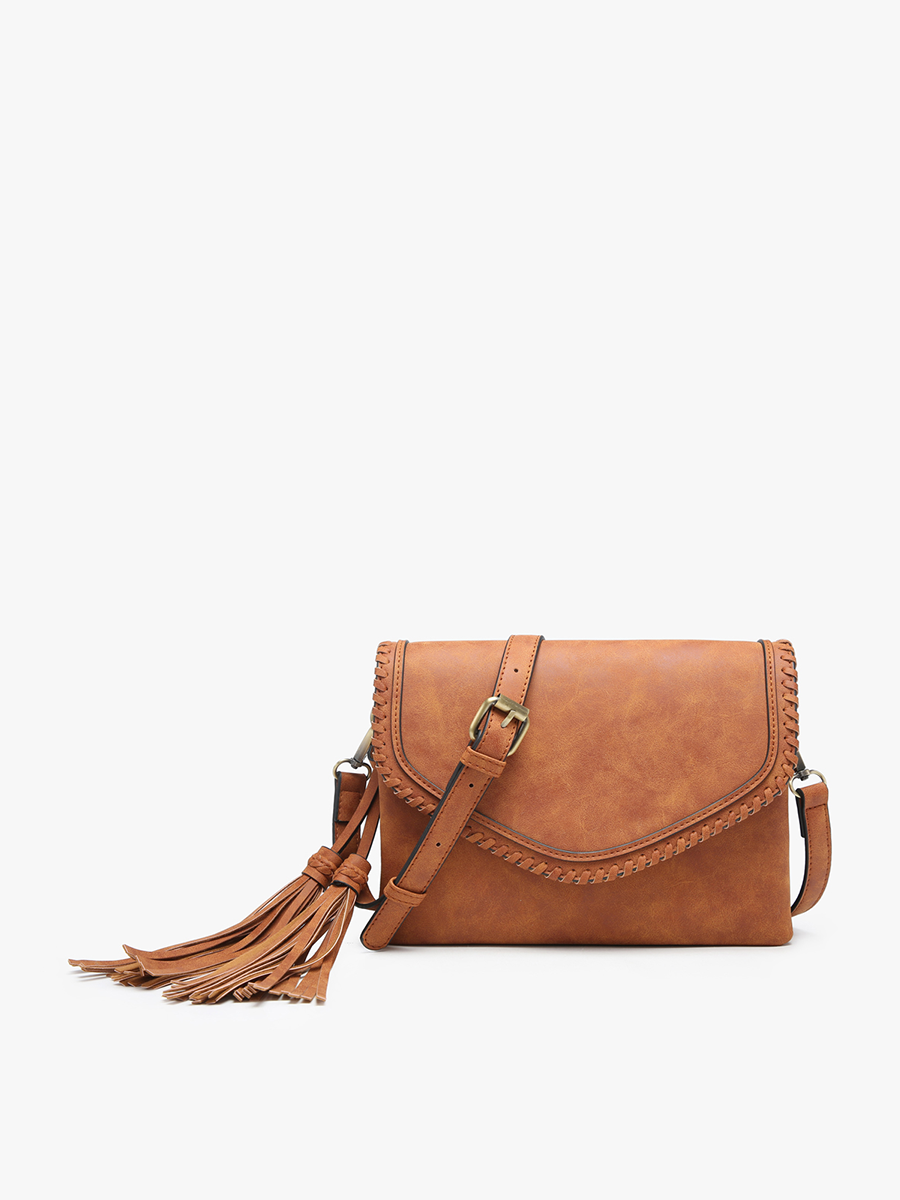 Sloane Suede Flapover Whipstitch Crossbody: Dark Ginger