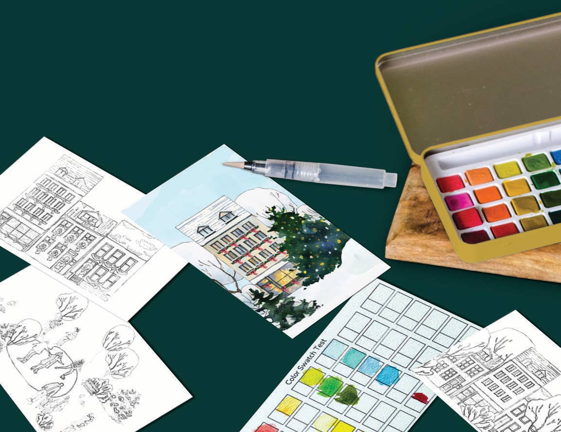 Winter Village watercolor painting kit