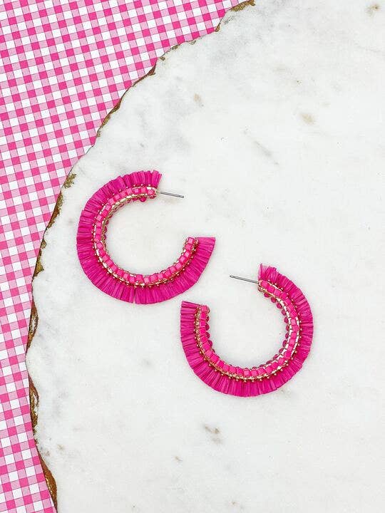 Beaded Raffia Hoop Earrings: White