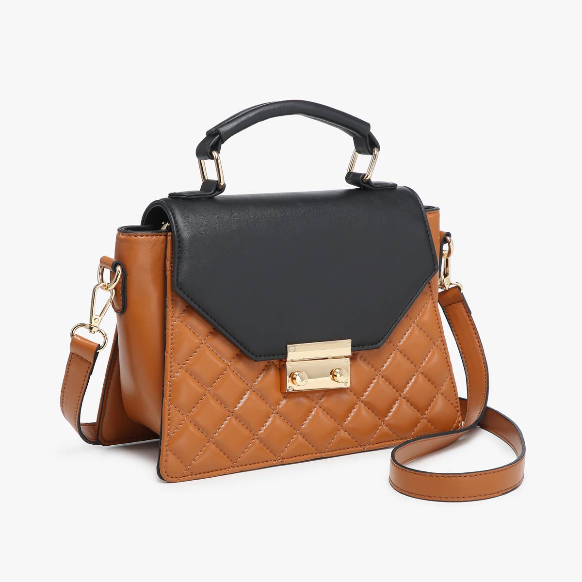 Lou Square Quilted Crossbody w/ Push Lock: Black/Brown