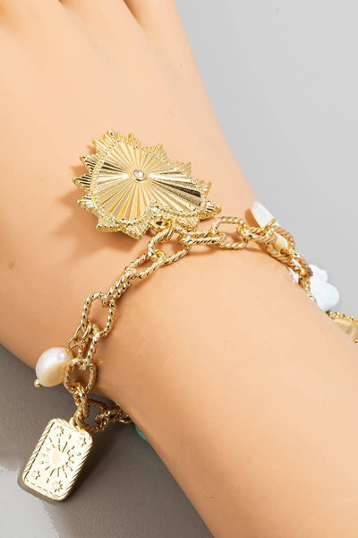 Heart Pearl And Stone Mixed Charms Chain Bracelet: GDMLT