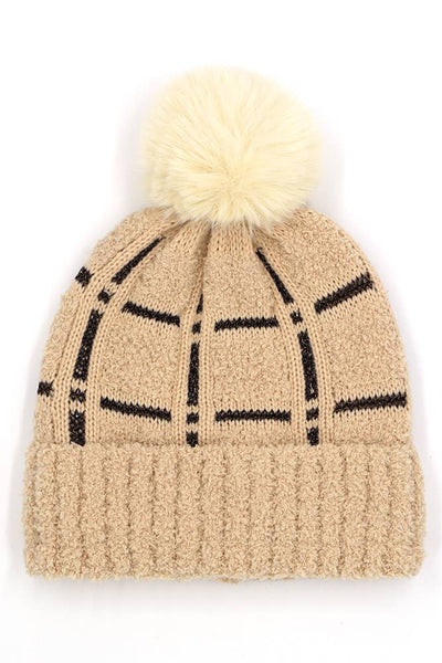 Plaid Pattern Pom Pom Beanie: Black