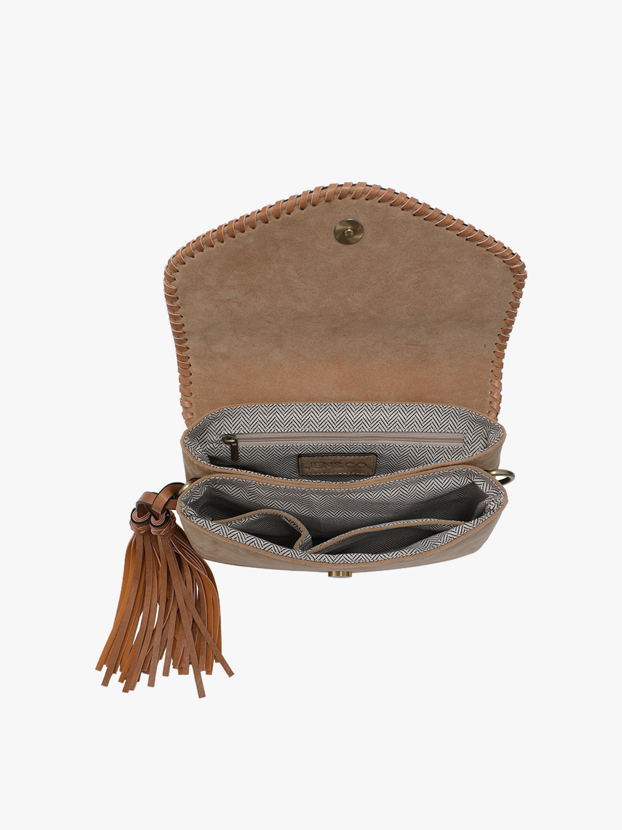 Sloane Suede Flapover Whipstitch Crossbody: Brick