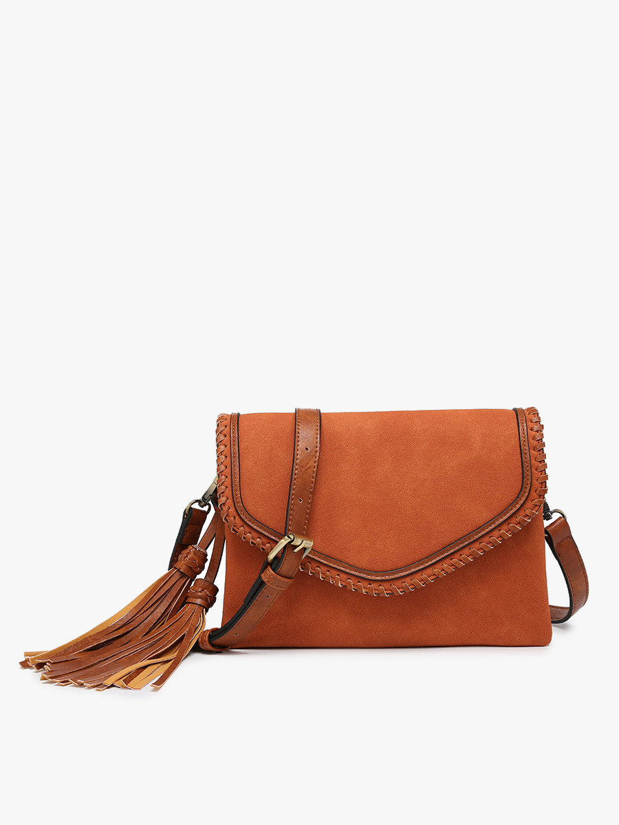 Sloane Suede Flapover Whipstitch Crossbody: Brick