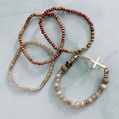 Set Of 4, Stone And Wooden Beads Bracelet: Brown Jasper