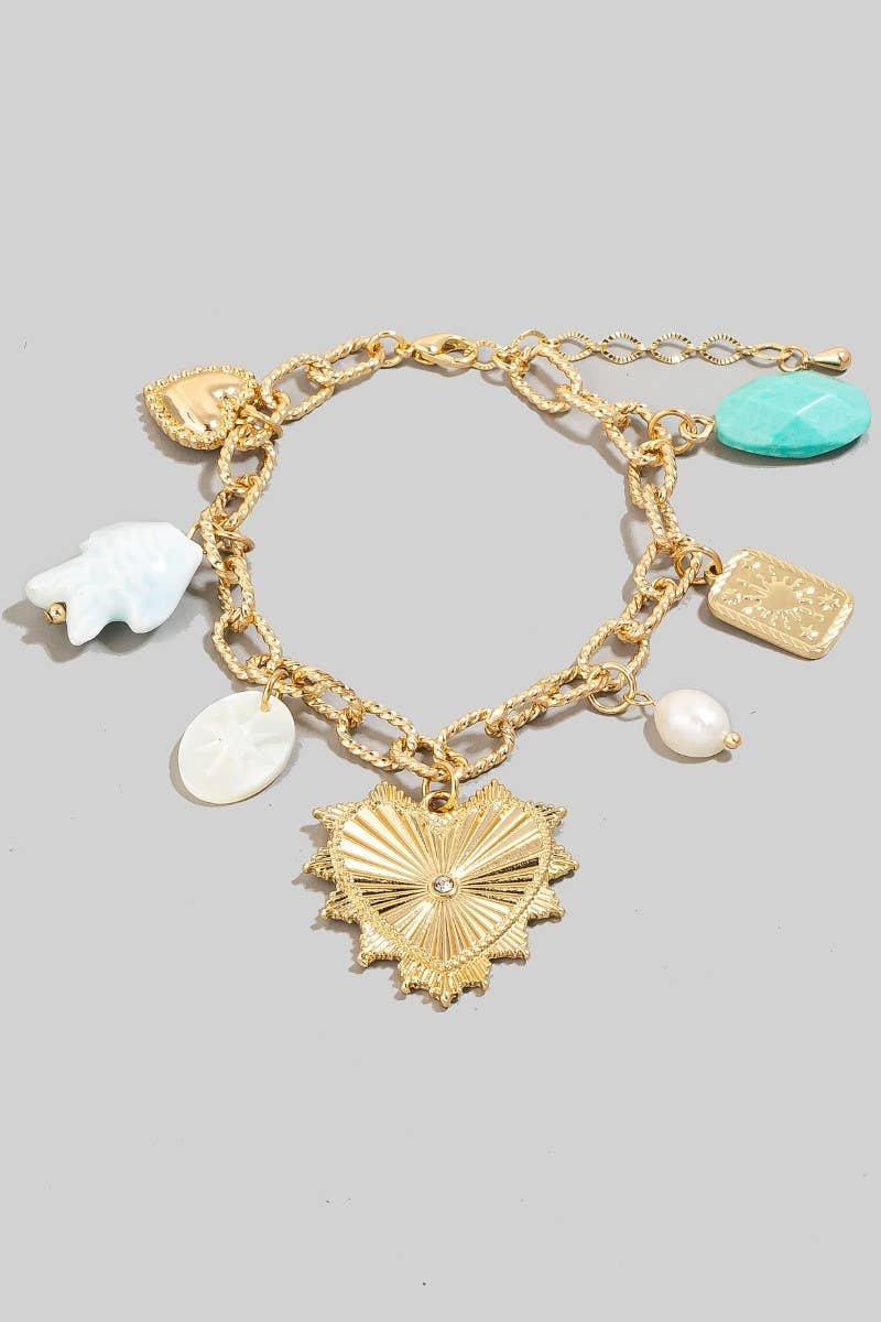 Heart Pearl And Stone Mixed Charms Chain Bracelet: GDMLT