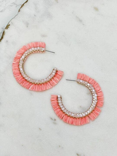 Beaded Raffia Hoop Earrings: Coral