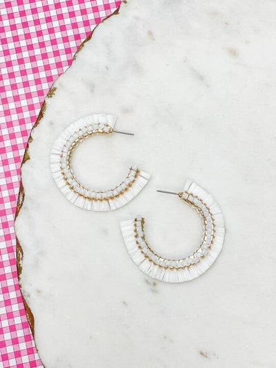 Beaded Raffia Hoop Earrings: White