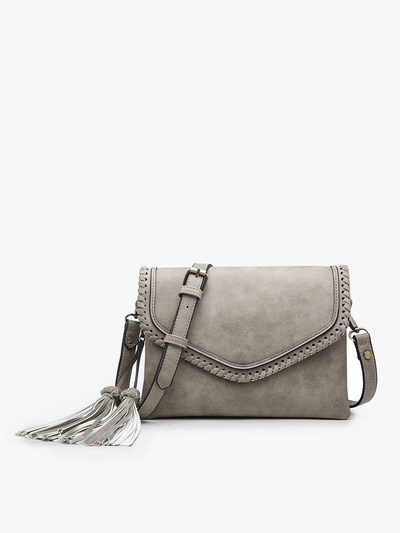 Sloane Flapover Crossbody w/ Whipstitch and Tassel: Grey