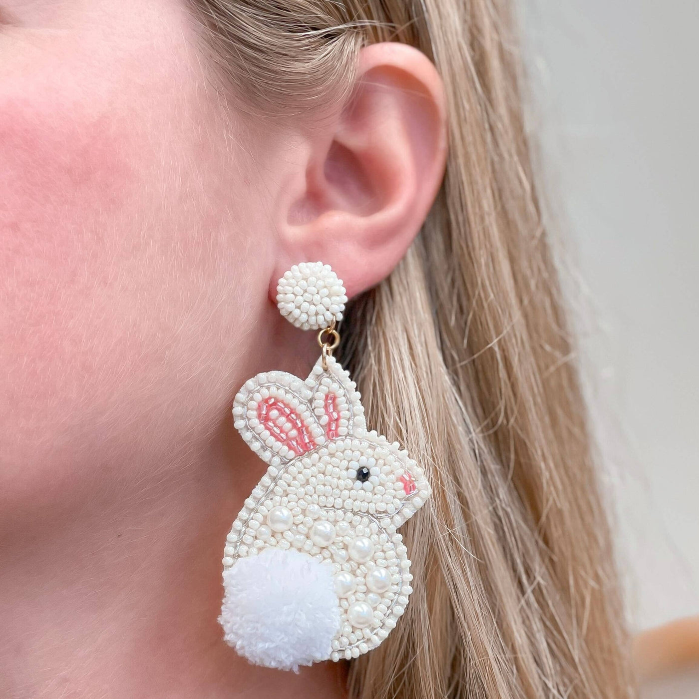 Pearl Bunny Beaded Pom Pom Dangle Earrings