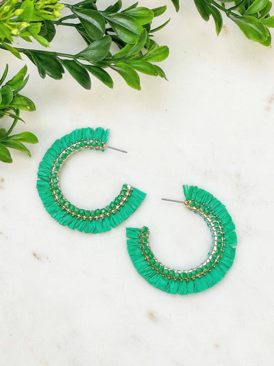 Beaded Raffia Hoop Earrings: White