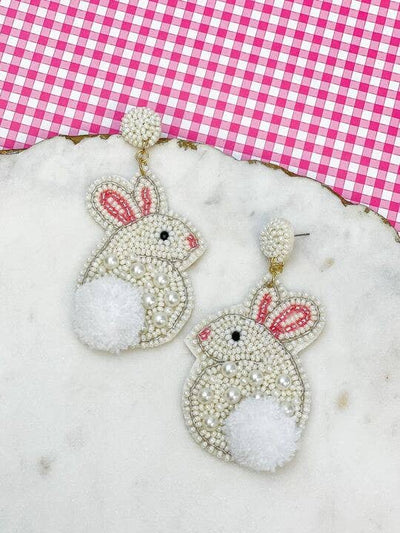 Pearl Bunny Beaded Pom Pom Dangle Earrings