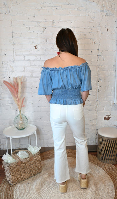 Moonglow Chambray Off Shoulder Top