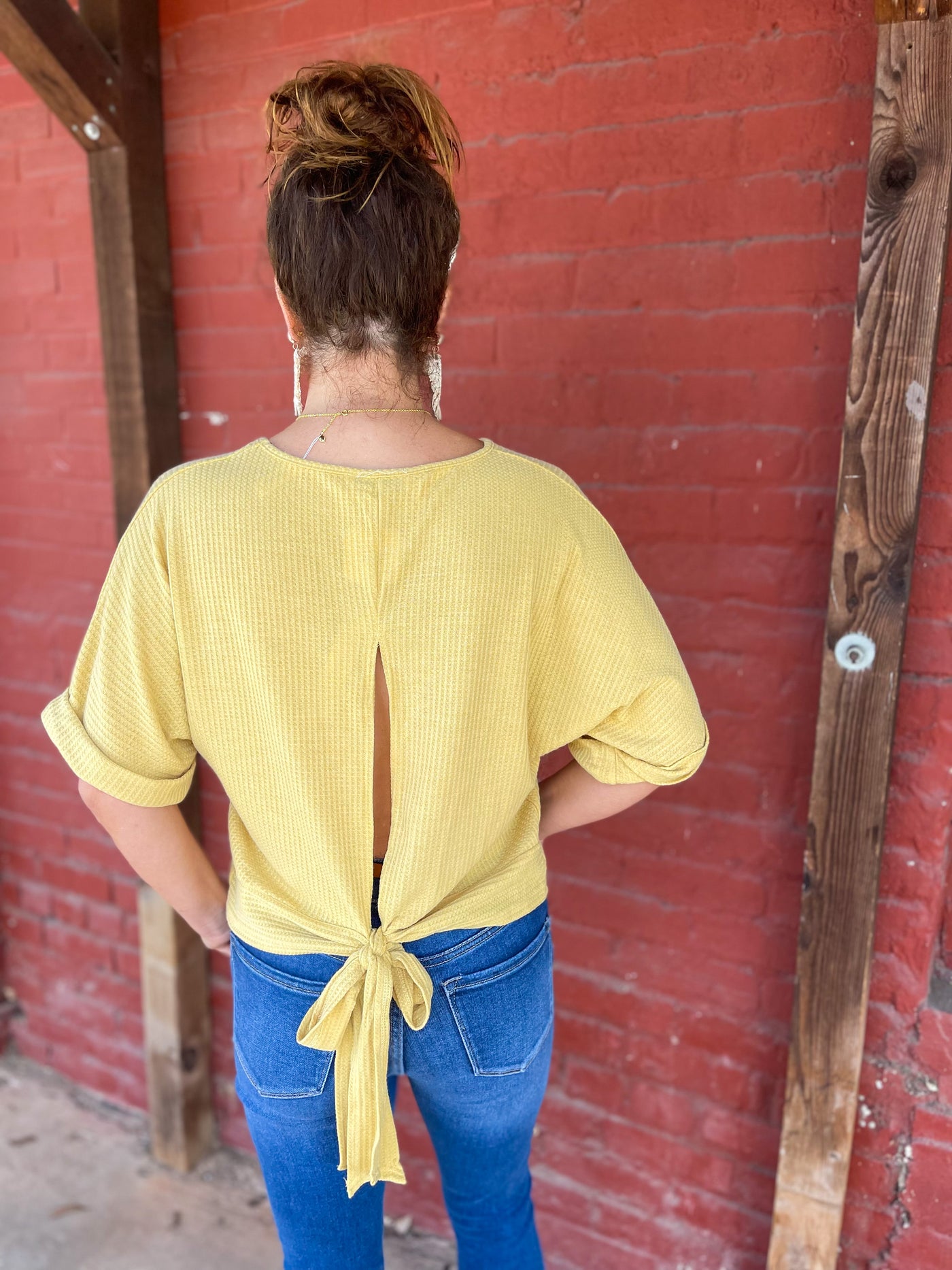 I'd Die Without You Light Mustard Waffle Knit Tie Back Top