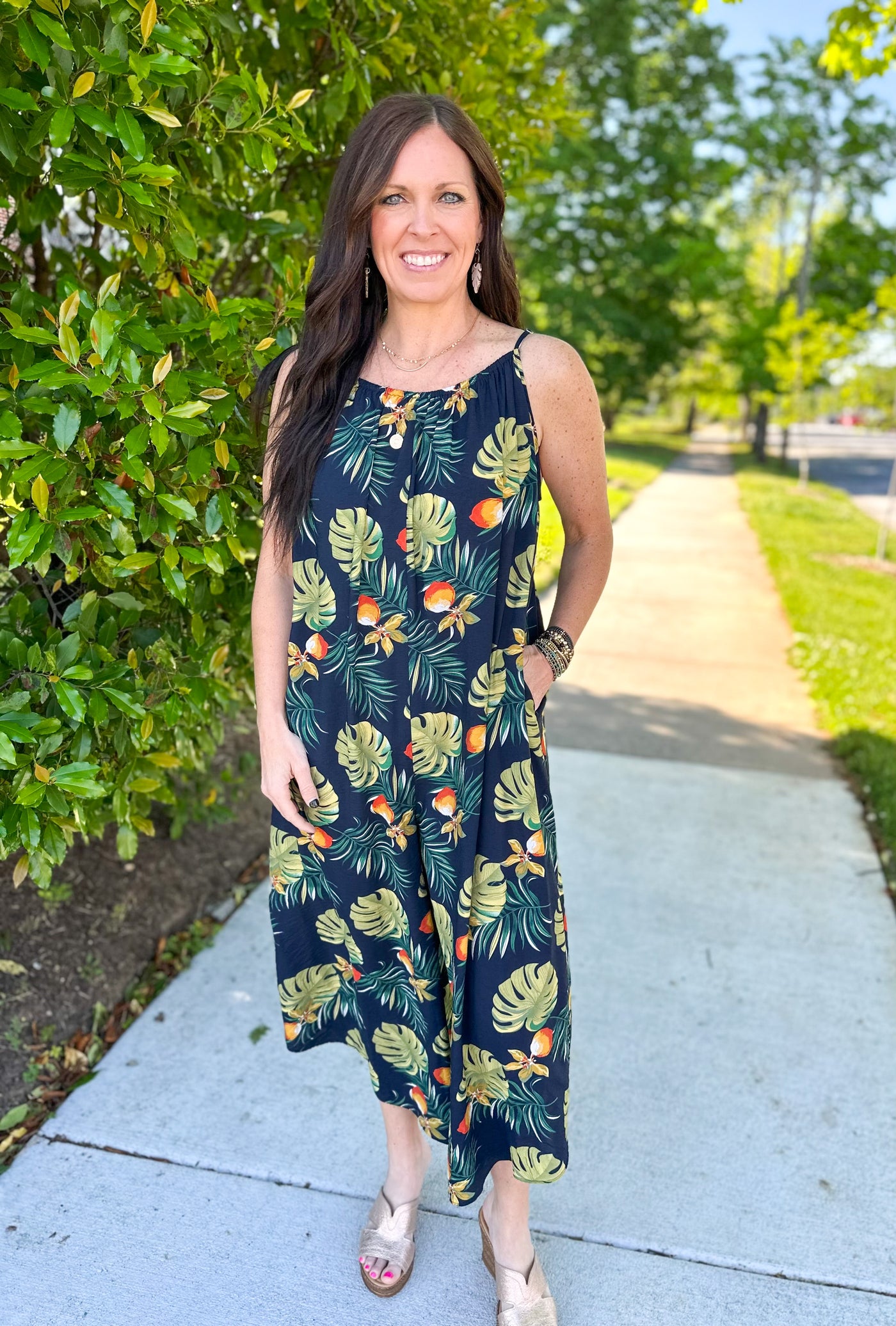 Don't Know Much Navy Tropical Wide Leg Cropped Jumpsuit