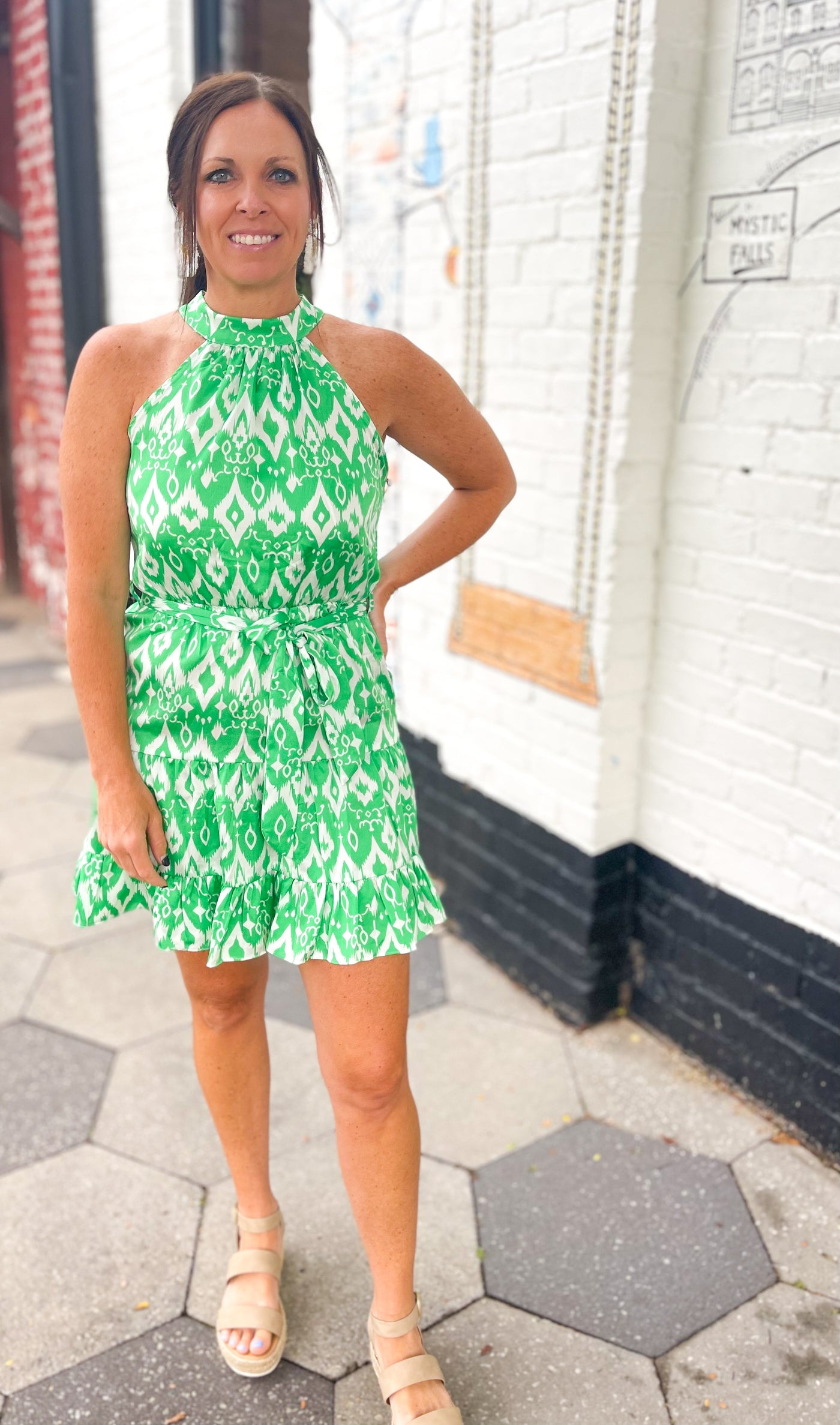 Come and Talk To Me Geo Print Halter Dress
