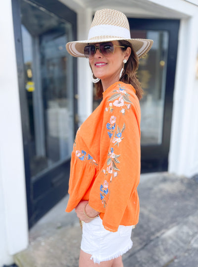 Now That We Found Love Orange Embroidered Kimono Sleeve Top