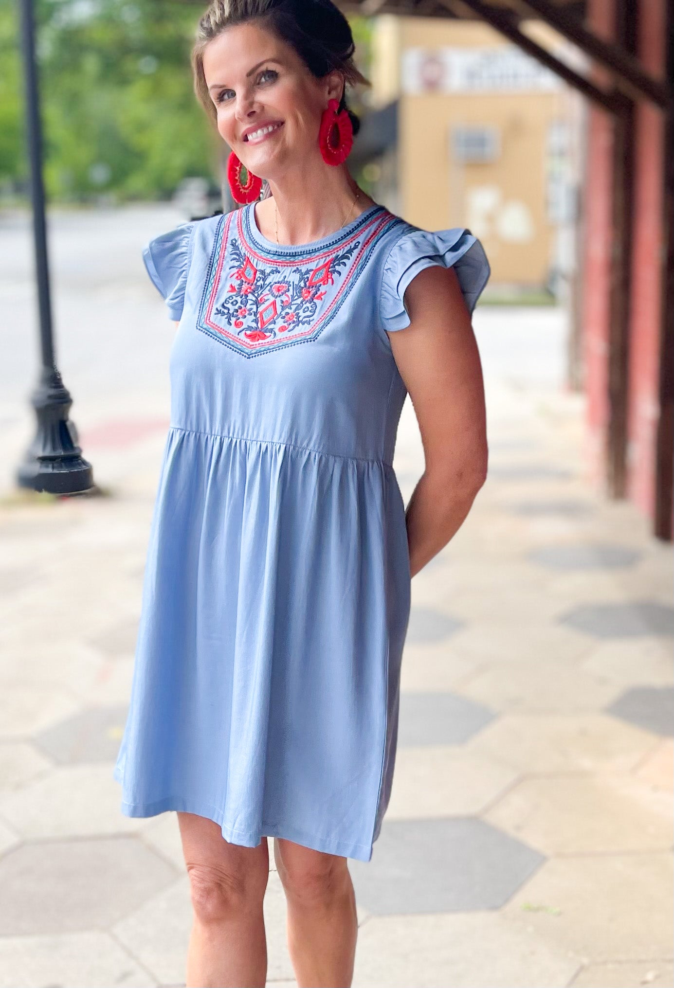 Signs Embroidered Ruffle Sleeve Dress