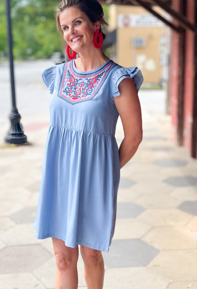 Signs Embroidered Ruffle Sleeve Dress