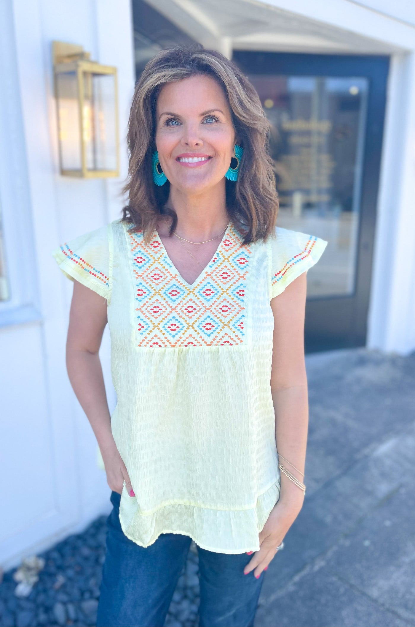 Freedom 90 Yellow Embroidered Ruffle Trim Top