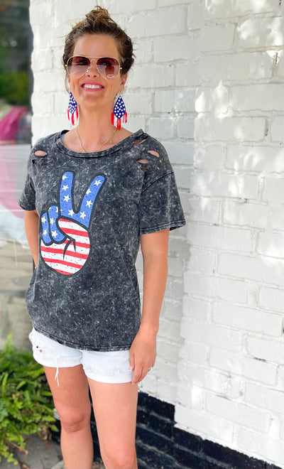 American Girl Flag Peace Mineral Washed Distressed Tee