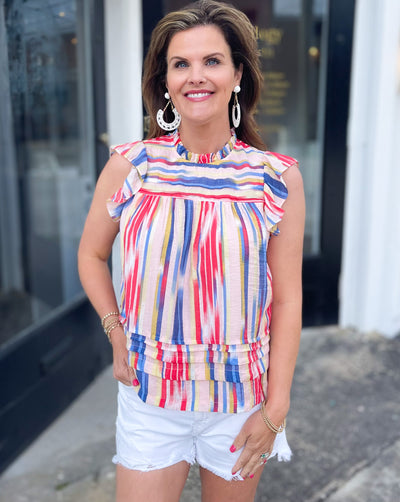 Signs Multi Stripe Flutter Sleeve Top