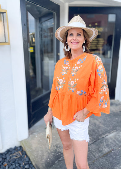 Now That We Found Love Orange Embroidered Kimono Sleeve Top