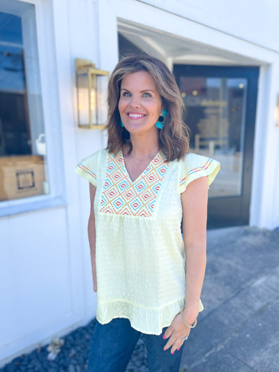 Freedom 90 Yellow Embroidered Ruffle Trim Top