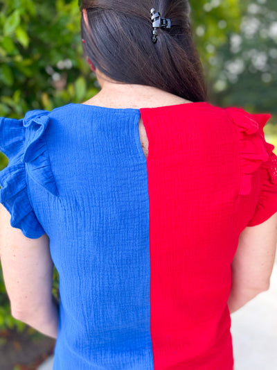 Color Me America Colorblock Gauze Ruffle Trim Top