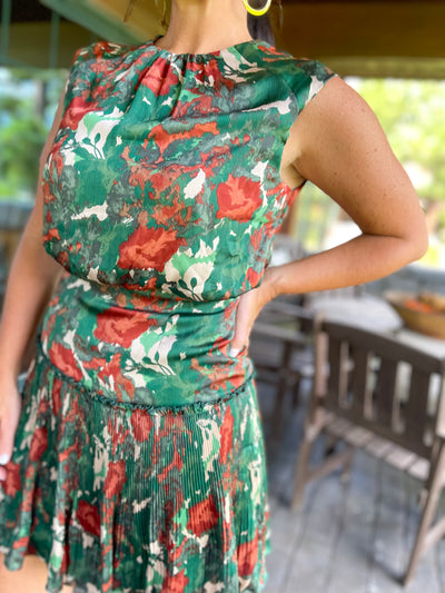 Too Funky Fall Floral Pleated Sleeveless Dress