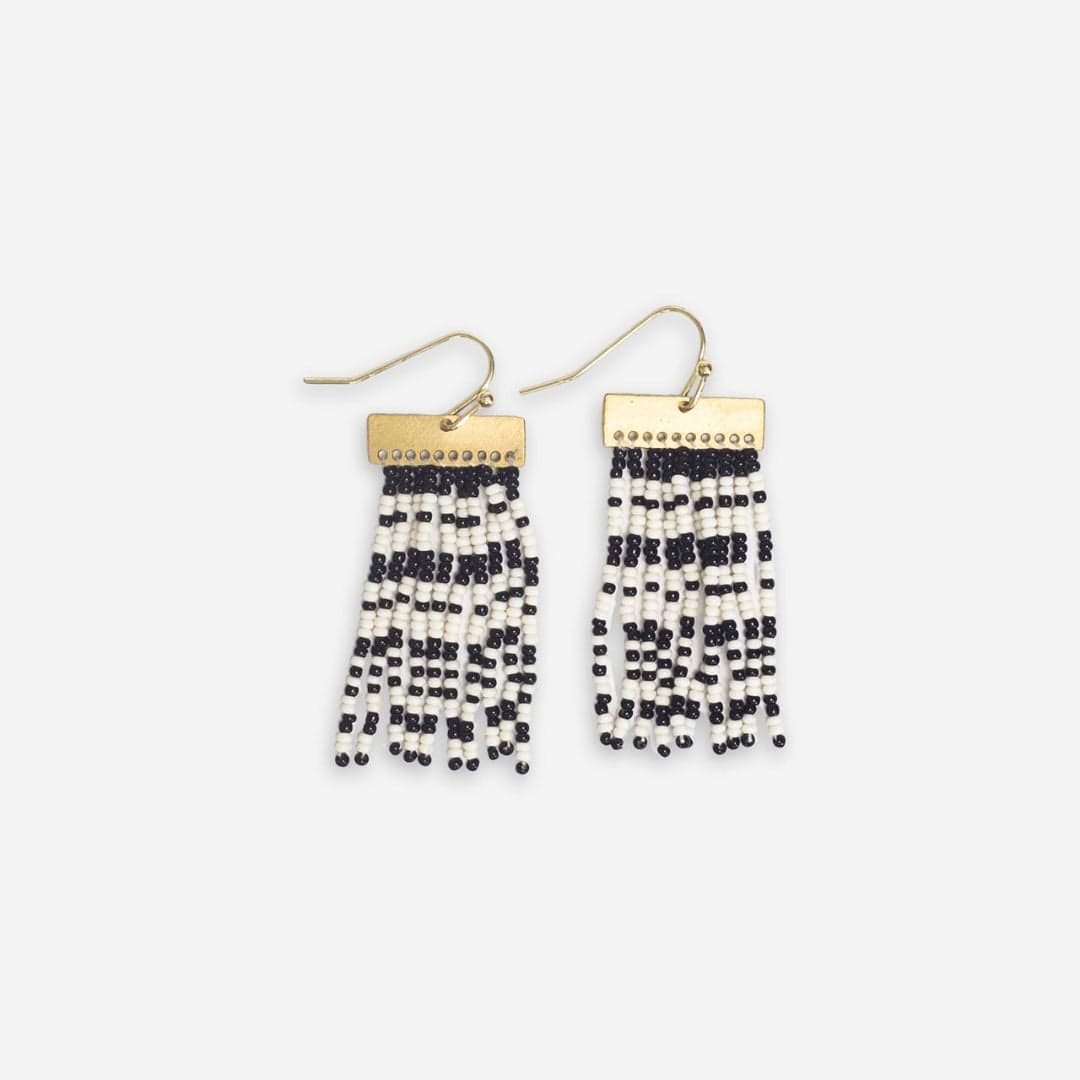 Ink + Alloy Scout rectangle hanger with stripes beaded fringe earrings black/white