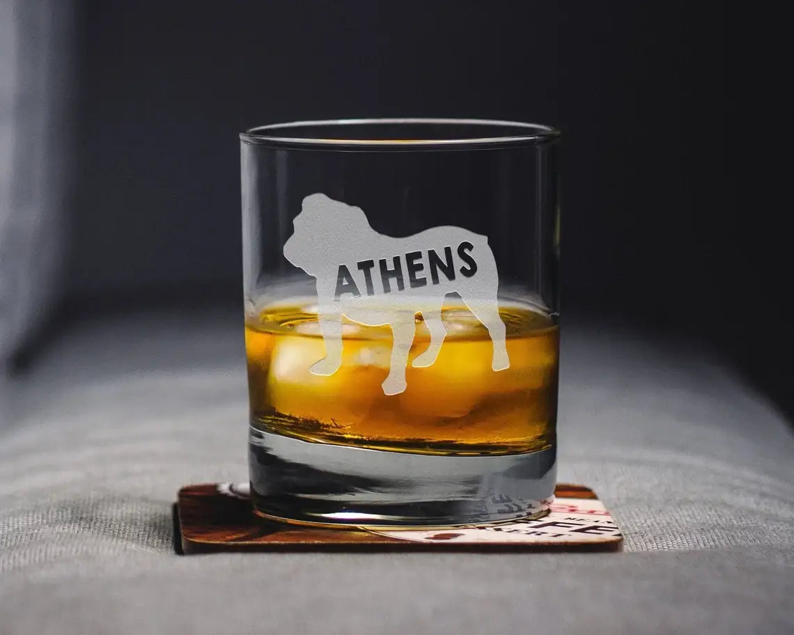 Athens Bulldog Whiskey Rocks Glass. Athens GA