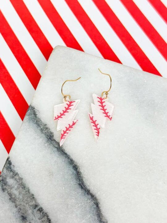 Baseball Lightening Dangle Earrings: White