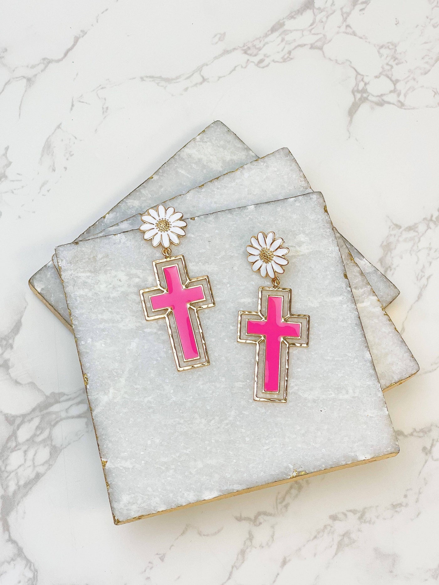 Daisy Cross Enamel Dangle Earrings: Pink