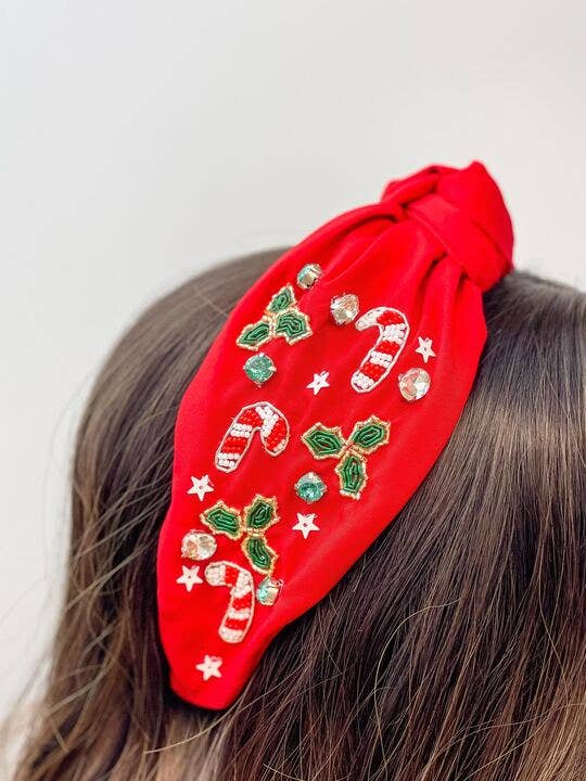Candy Cane Beaded Top Knot Headband - Red
