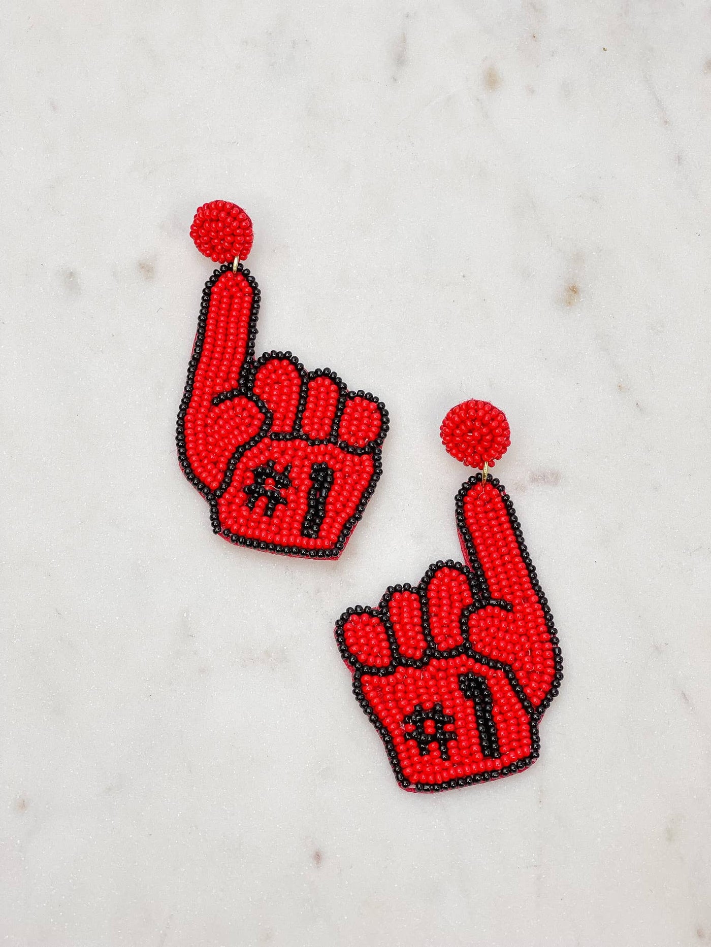 #1 Go Foam Finger Beaded Dangle Earrings - Red & Black