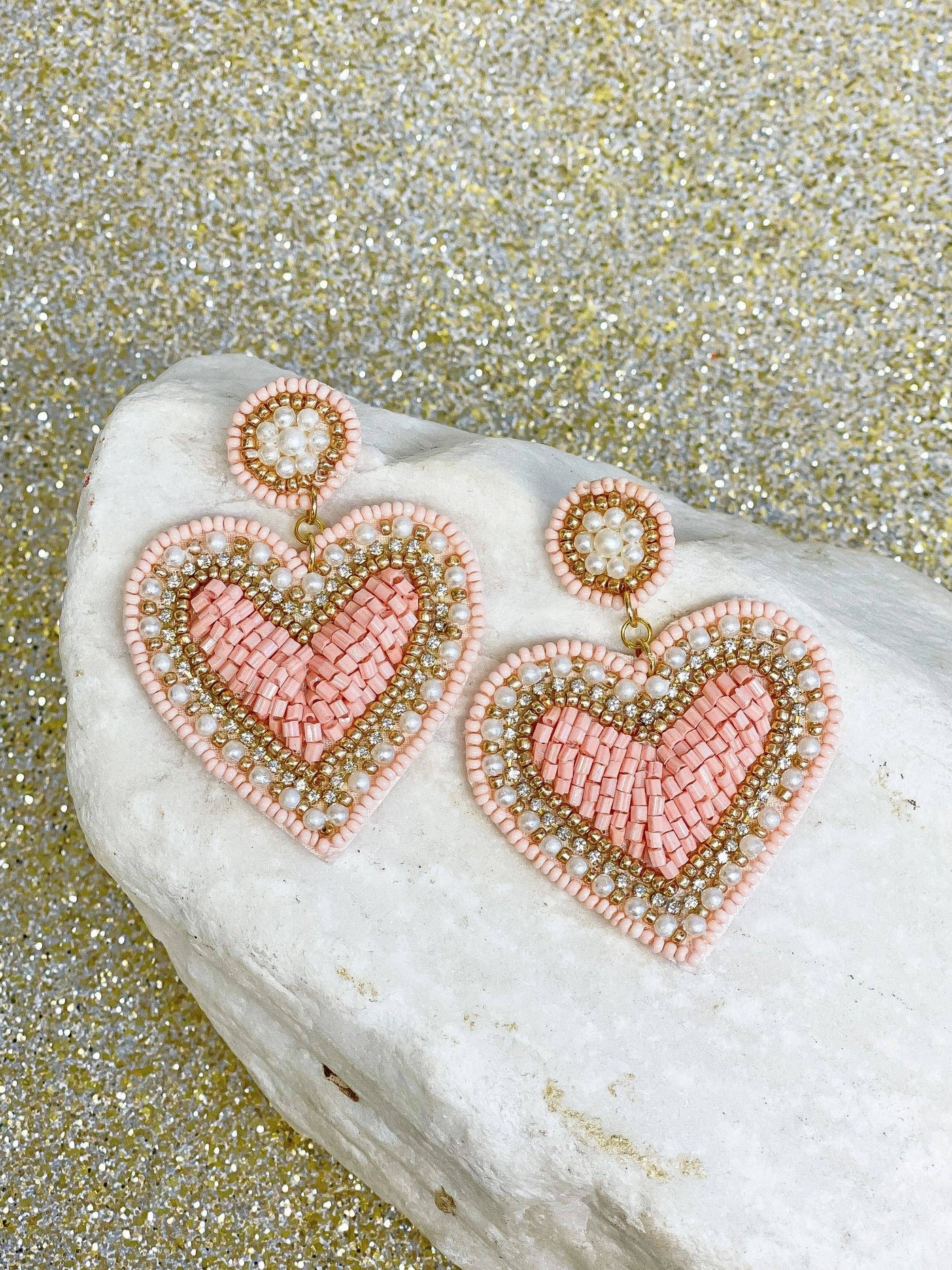 Rhinestone & Pearl Beaded Heart Dangle Earrings - Pink