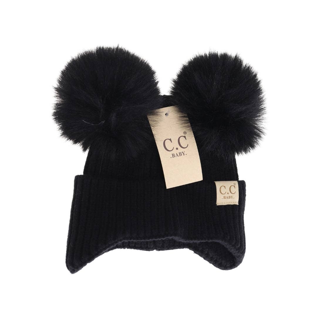 BABY Ear Flap Double Pom C.C Beanie BBHTC0078: Black