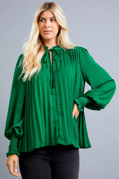 Someday Hunter Green Pleated Peasant Top