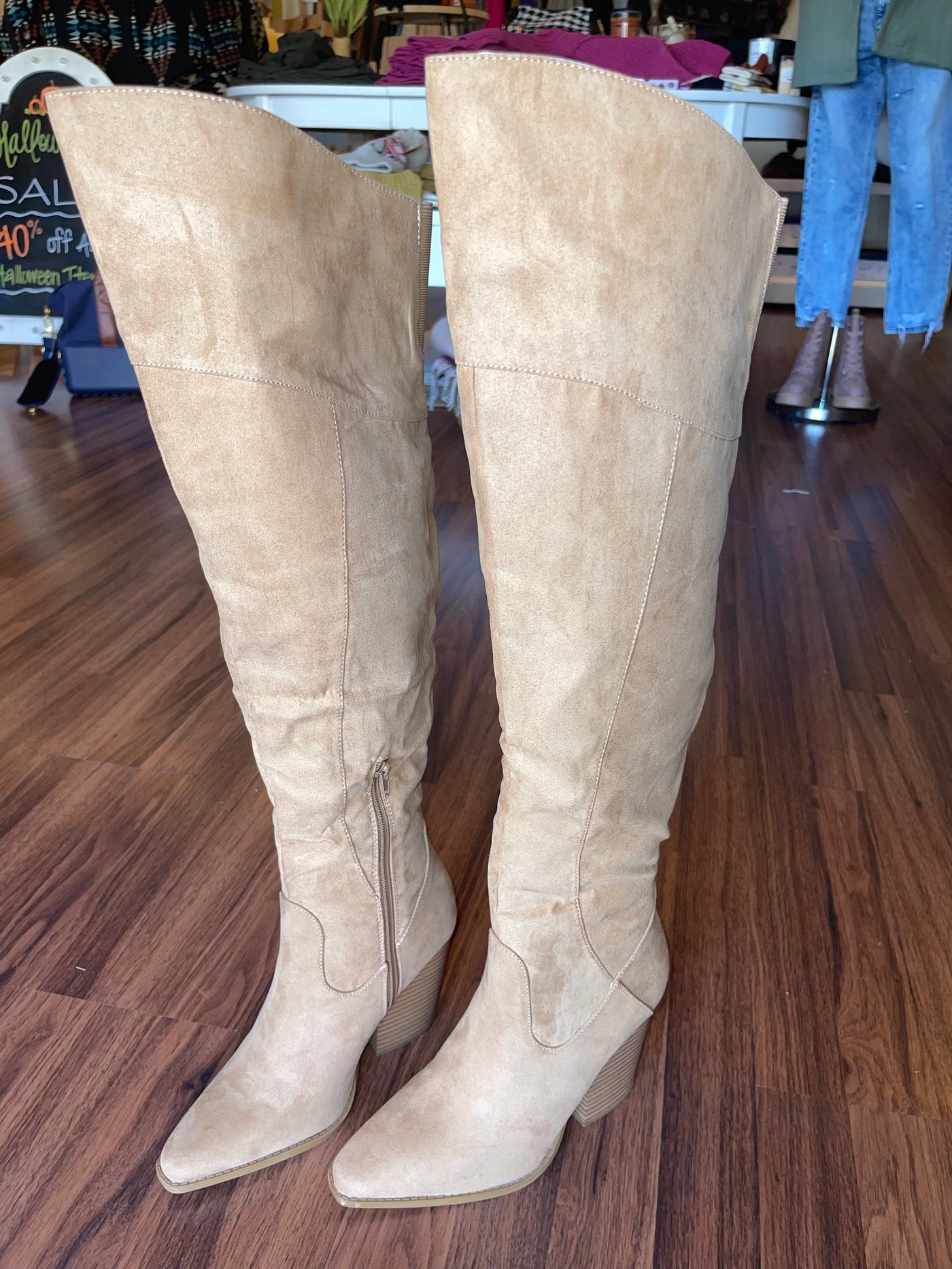Calista Camel Faux Suede Over The Knee Boots