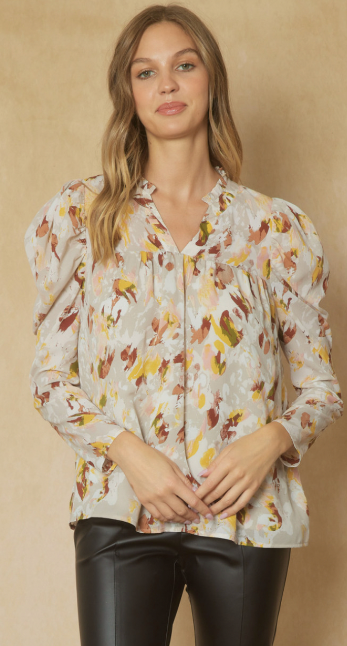 Sowing the Seeds of Love Abstract Ruffle Trim Top