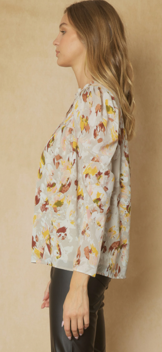 Sowing the Seeds of Love Abstract Ruffle Trim Top