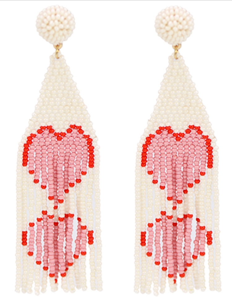 Heart Beaded Tassel Earrings