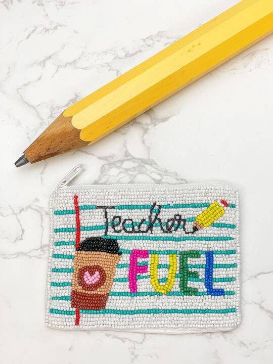 'Teacher Fuel' Coffee Beaded Zip Pouch